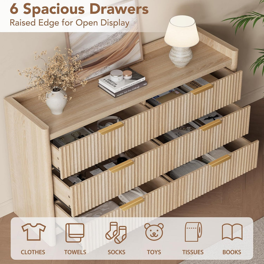 6 Drawer Dresser , Fluted Dressers with Rounded Edge & Raised Lip Top, Anti-Tip Chest of Drawers , Natural Oak