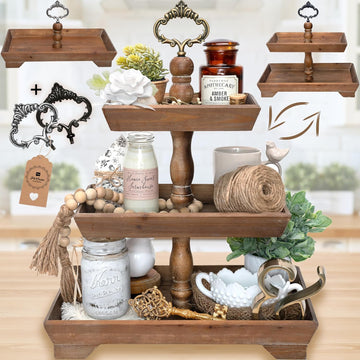 3 Tier Serving Tray [3 in 1] - Gorgeous Coffee Table Tray [Includes 3 Changeable Handles] - Can Assemble into a 1, 2