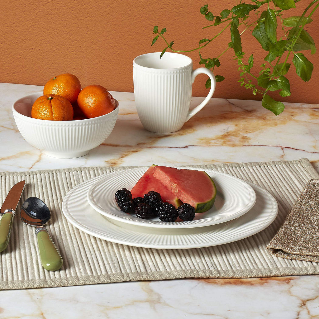 Gallery Embossed Bone White Porcelain Round Dinnerware Collection- Chip Resistant Scratch Resistant, Fleur 16 Piece