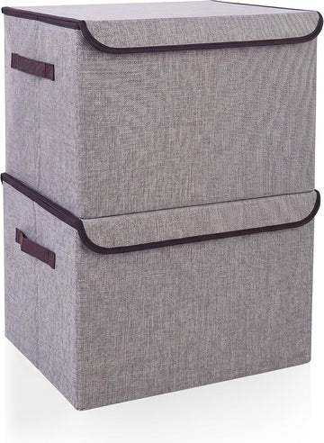 Large 42 Quarts Fabric Storage Bins with Lids [2-Pack] Linen Collapsible Foldable Storage Cubes, Closet Organizer
