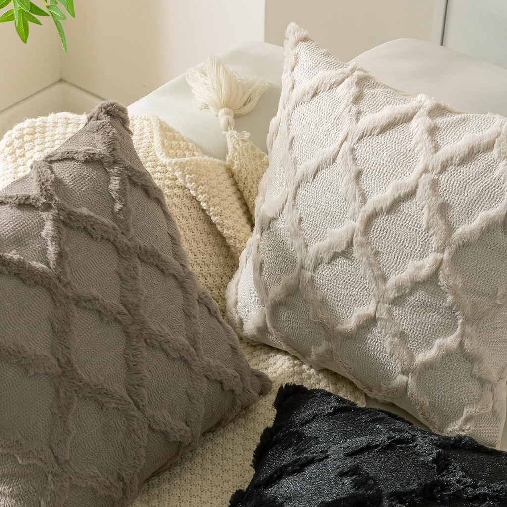 Set of 2 Soft Moroccan Throw Pillow Covers 18x18 Inch Plush Boho Decorative Pillow Cover Accent Cushion Case, Beige