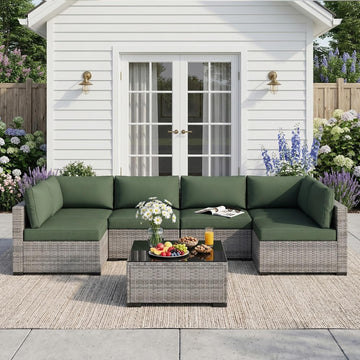 Patio Furniture Set 7 Pieces Conversation Set Wicker Outdoor Sectional Sofa,Ergonomic Armrests Couch with Cushion and