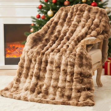 Faux Fur Blanket Queen Tie Dye Brown - Big Bubble Rabbit Cozy Blanket for Couch, Thick Furry Plush Shaggy Blankets