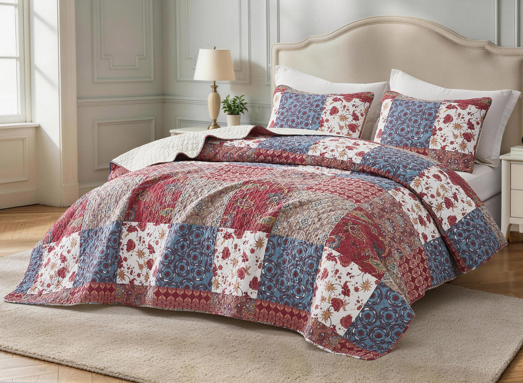 Rowan 3-Piece Cotton Quilt Set, Oversized King Size, Printed Patchwork Bedspread with Vintage Floral Paisley