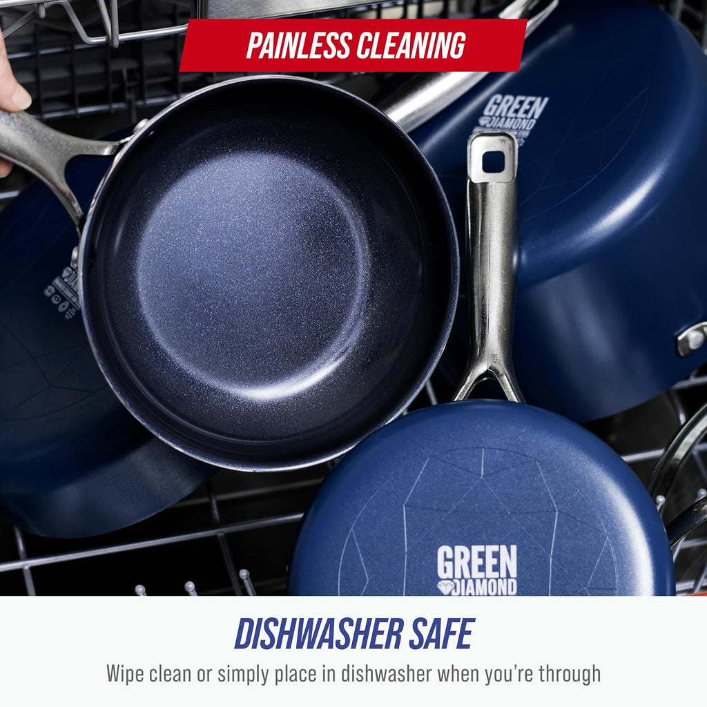 10 Piece Ceramic Nonstick Cookware Pots & Pans Set, Blue | PFAS-Free Diamond Infused Ceramic Nonstick, Metal Utensil