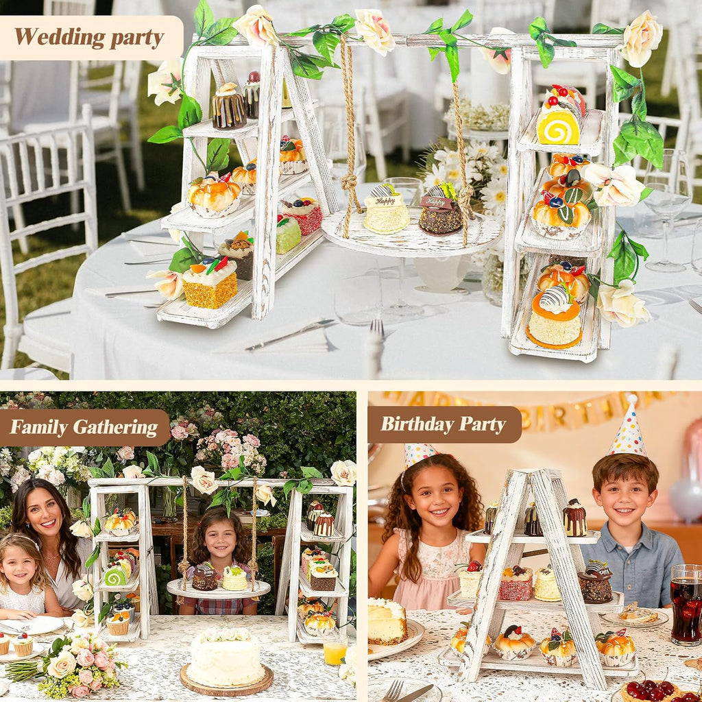Wooden 3 Tier Cupcake Stand with Swing and Flower Decoration Serving Removable Tray Display Serving Ladder Foldable