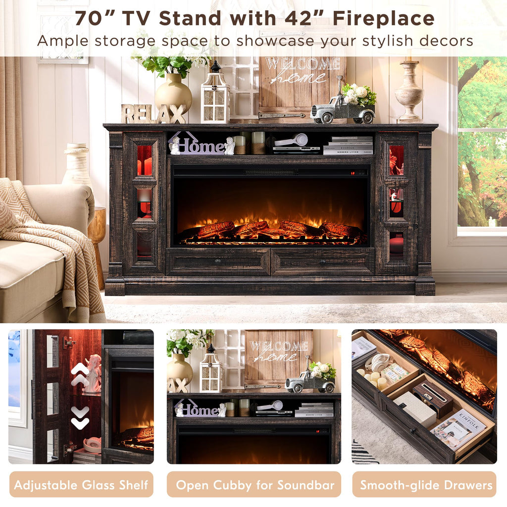 70" Farmhouse TV Stand with 42" Electric Fireplace, Dark Rustic Oak