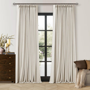 Pinch Pleated Blackout Linen Curtains for Bedroom 2 Panels Memory Trained 100% Black Out Soundproof Room