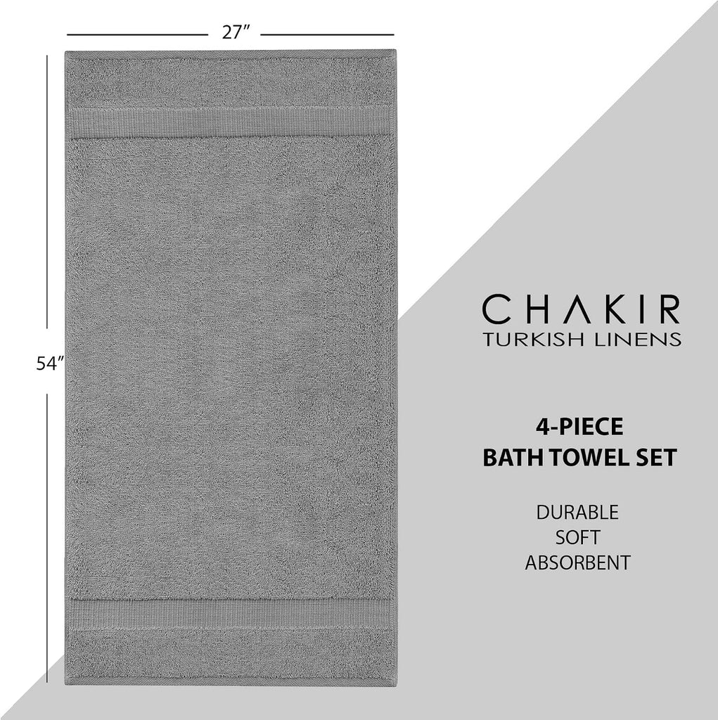 4 Piece Bath Towel Set, 100% Cotton Luxury Turkish Towels , Soft Absorbent Bath Towels, 27 x 54 Inches, Gray