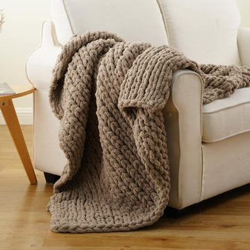 Beige Chunky Knit Throw Blanket, Soft and Thick Taupe Chenille Throw Blanket, 50"x60" Handmade Cable Knit Crochet