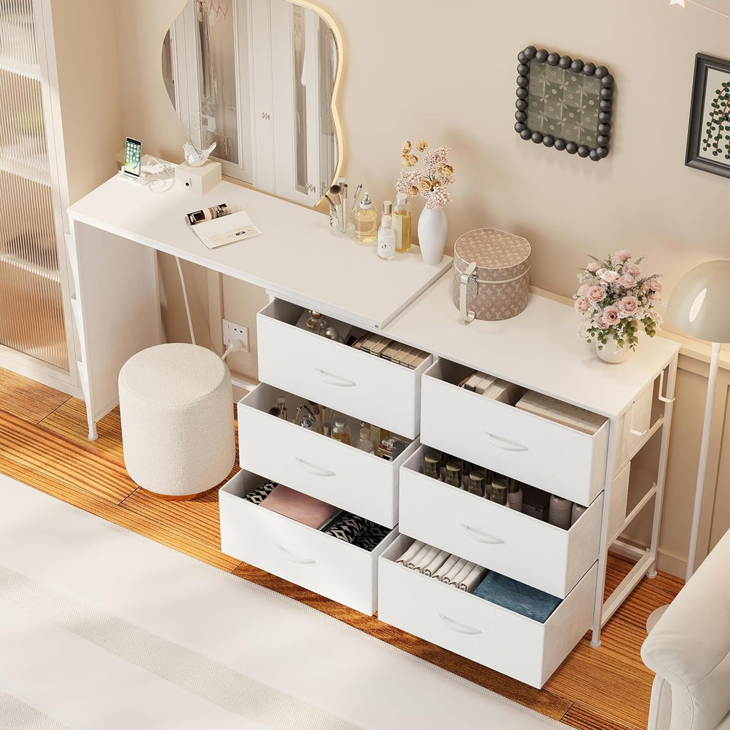 Modern Corner Vanity Desk with 6 Fabric Drawers Power Outlet Side Pocket L Shaped Drawers Makeup Desk Dressing Table