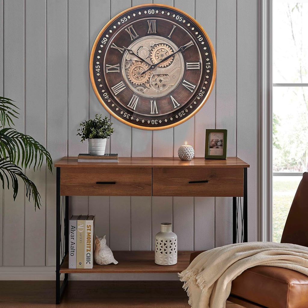 24 Inch Wall Clock with Moving Gears,Oversized Large Industrial Steampunk Clock