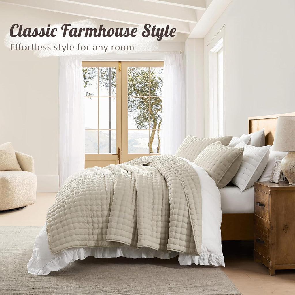 Beige Quilts Bedding Sets with 2 Pillow Shams, Neutral Lightweight Soft Bedspread Coverlet, Quilted Blanket