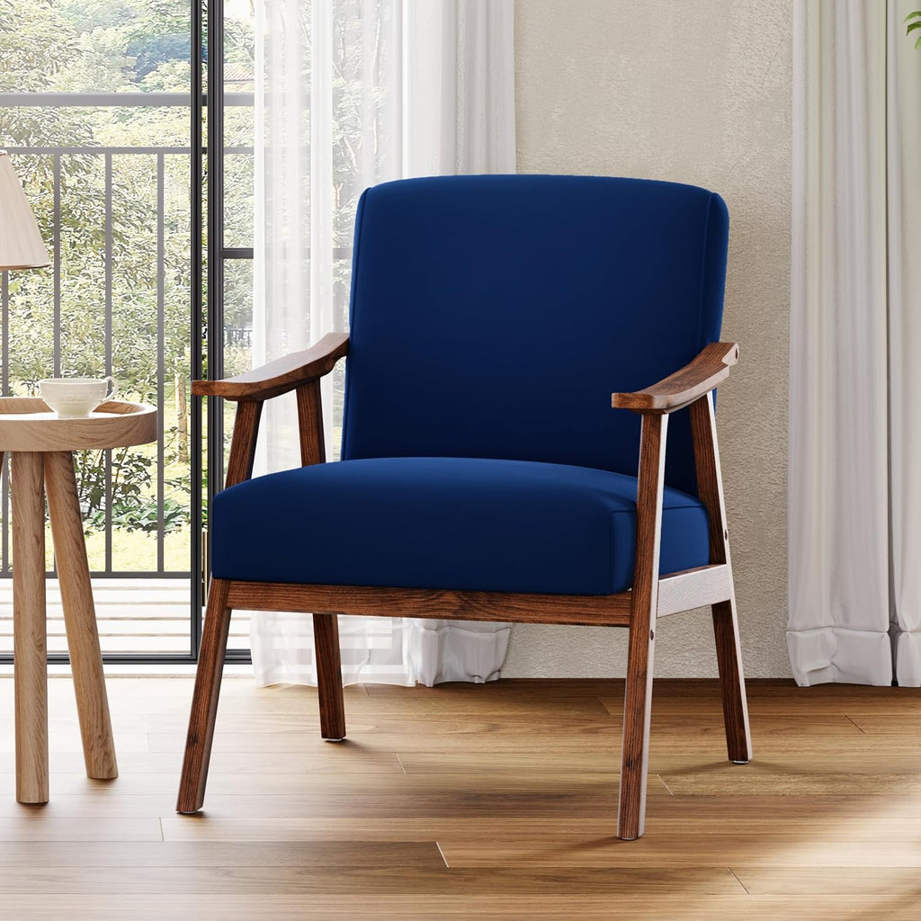 Mid Century Accent Chair, Boho Farmhouse Accent Chairs , Retro Single Lounge Reading Armchair with Solid Wood Frame
