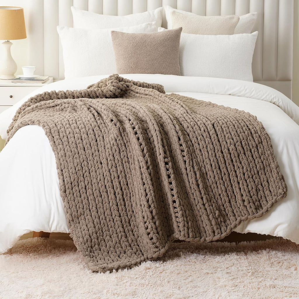 Beige Chunky Knit Throw Blanket, Soft and Thick Taupe Chenille Throw Blanket, 50"x60" Handmade Cable Knit Crochet