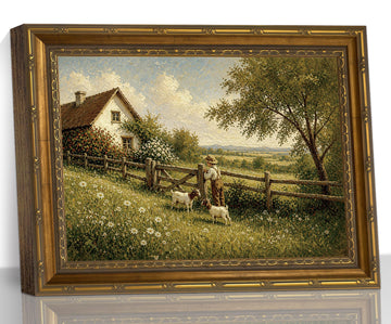 Boy with Goats Vintage Farm Wall Art, Framed Canvas Painting, 12x16 in