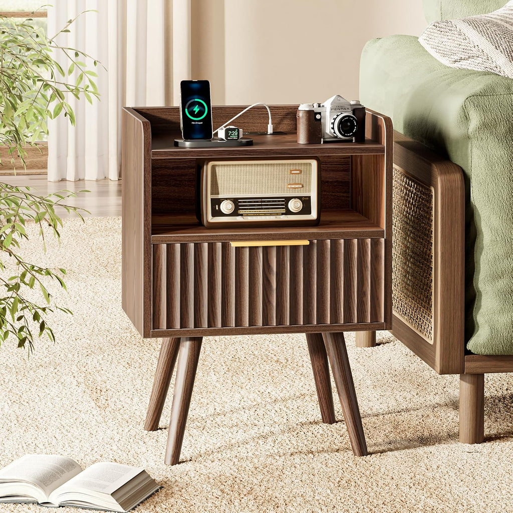Nightstand with Charging Station, USB-C Port, Fluted Night Stand Set of 2, Bed Side Table with Drawer, Solid Wood
