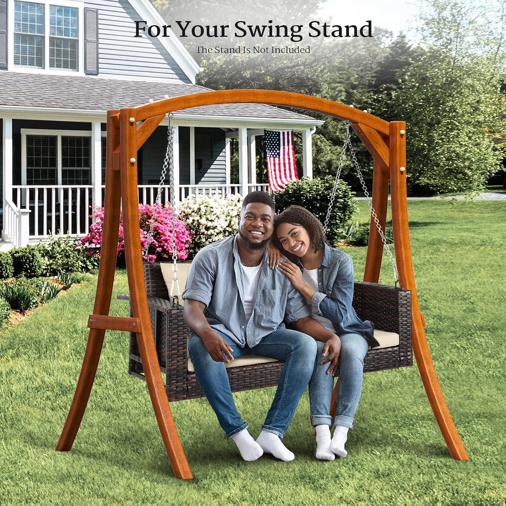 4FT Rattan Swing Bench, Wicker Hanging Porch Swing (Brown+Beige) | 2 Person Patio Bench Swings, Heavy Duty 800 LBS