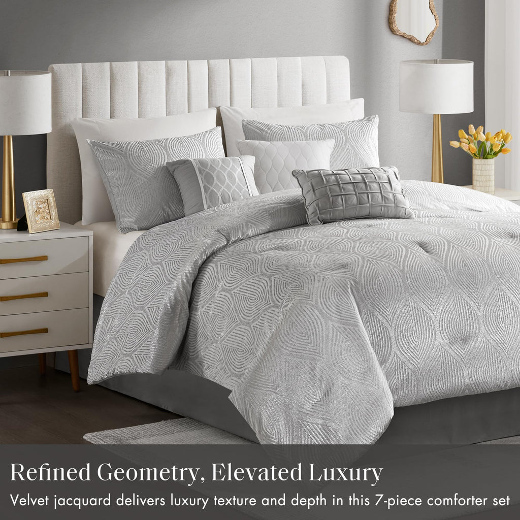 Velvet Jacquard Grey King Comforter Set, 7pc