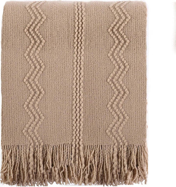 Boho Farmhouse Throw Blanket, 50x60 Tan Taupe Living Room Decor