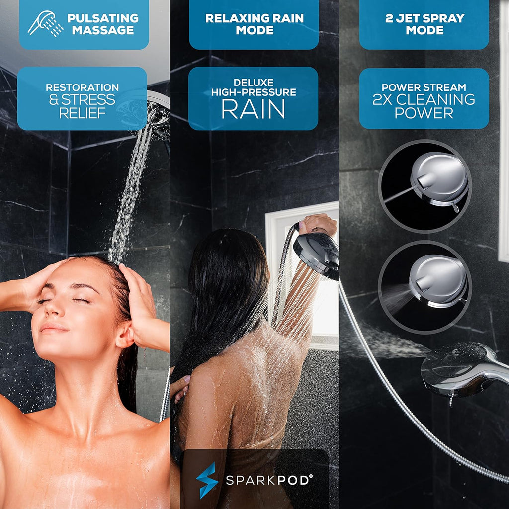 10-Mode Handheld Shower Head with Filter - 5" High Pressure Filtered Shower Head with Touch-to-Clean Nozzles, Built-In Power Jet, Stainless Steel 6ft Hose & Bracket (Polished Chrome)