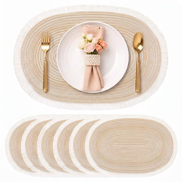 Boho Oval Woven Placemats Set of 6, Washable Table Mats with Tassels