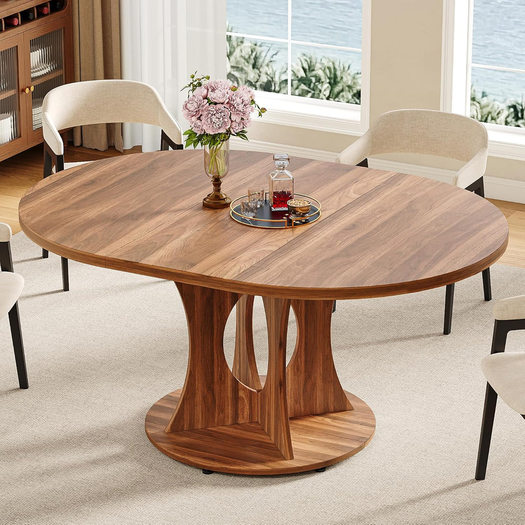 43.3-59 Inch Extendable Round Dining Table for 6-8 People, Oval Dinner Table with Adjustable Top and A Stable Round