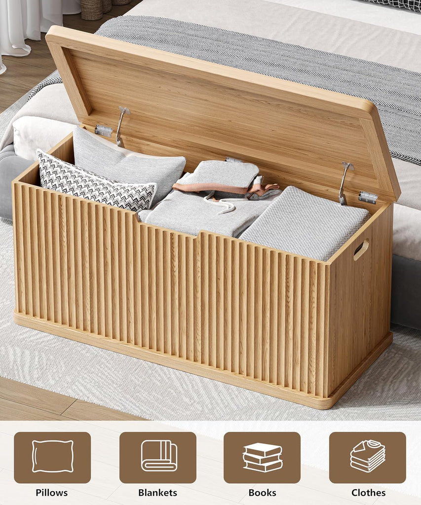 37.4" Fluted Storage Chest Wooden Storage Trunk 2 Safety Hinges Oak | Storage Chest with 2 Safety Hinges & Lift Top