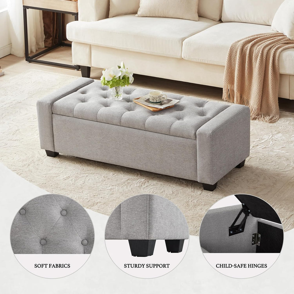 48" Ottoman with Storage, Light Gray Storage Ottoman Bench | Upholstered Entryway Bench with Seating , with Safety