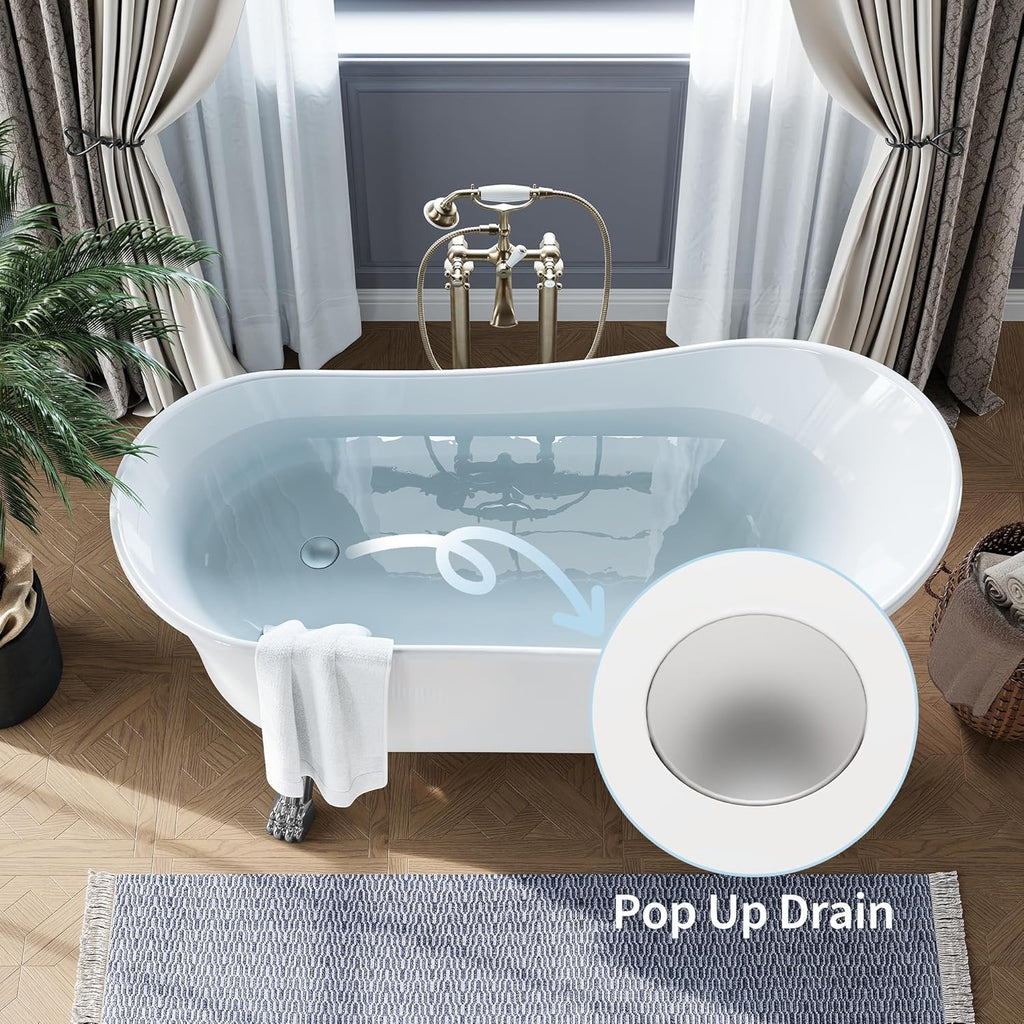 Freestanding Clawfoot Bathtub 67 Inch Acrylic Slipper Soaking Tub with Chrome Feet & Pop-Up Drain, Elegant Stand