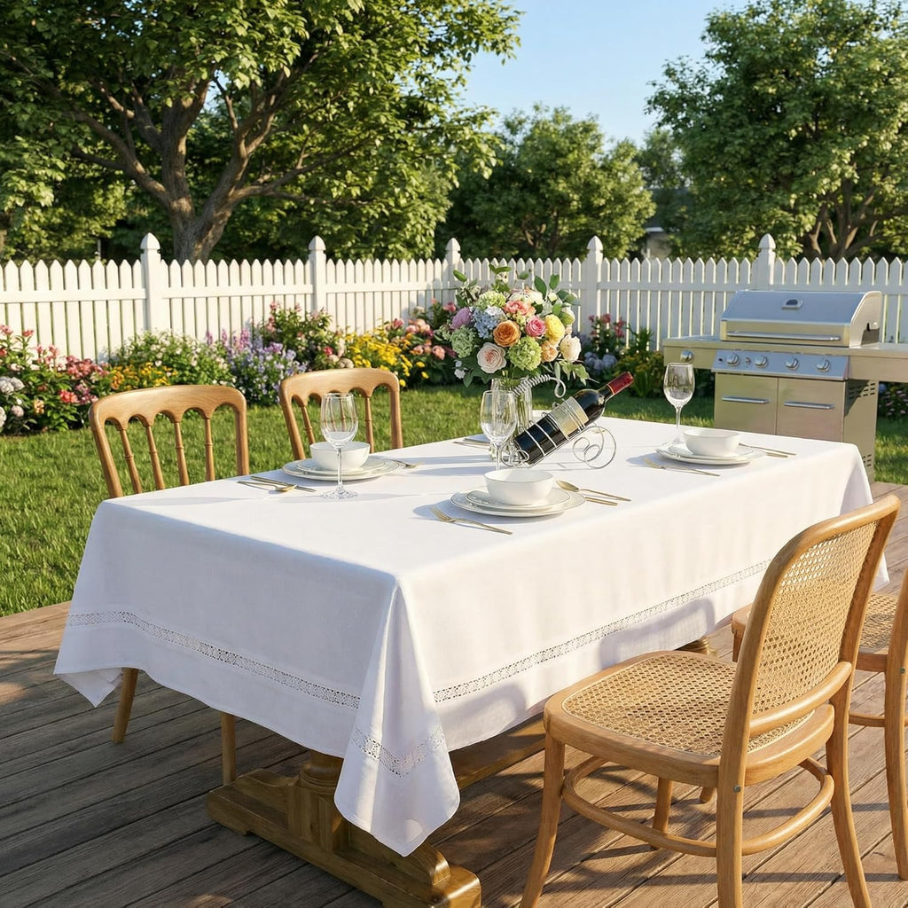 Heavy Duty Fabric Tablecloth with White Lace-Waterproof/Wrinkle Free/Stain Resistant/Oil Proof-for D