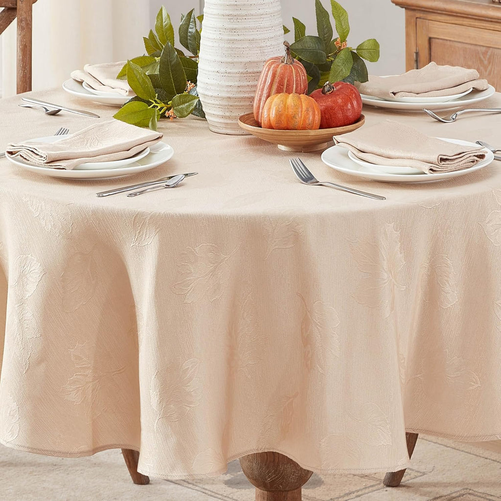 Taupe Tremont Leaf Damask Round Fabric Spring Lodge Tablecloth, 70 Inch, Elegant Holiday Swirling Le