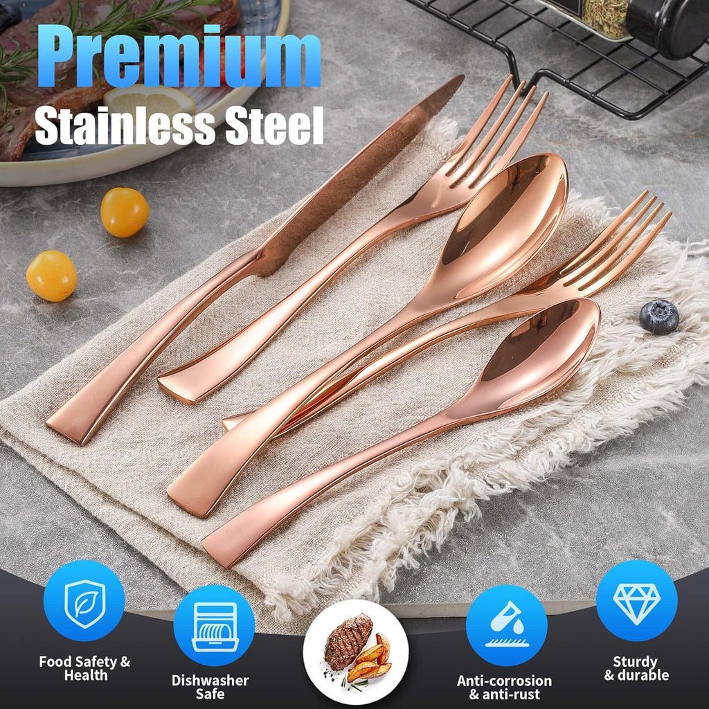 20 Pieces Rose gold Silverware Set for 4,Heavy Duty 18/10 Stainless Steel Flatware Set with Forged Stand Knives