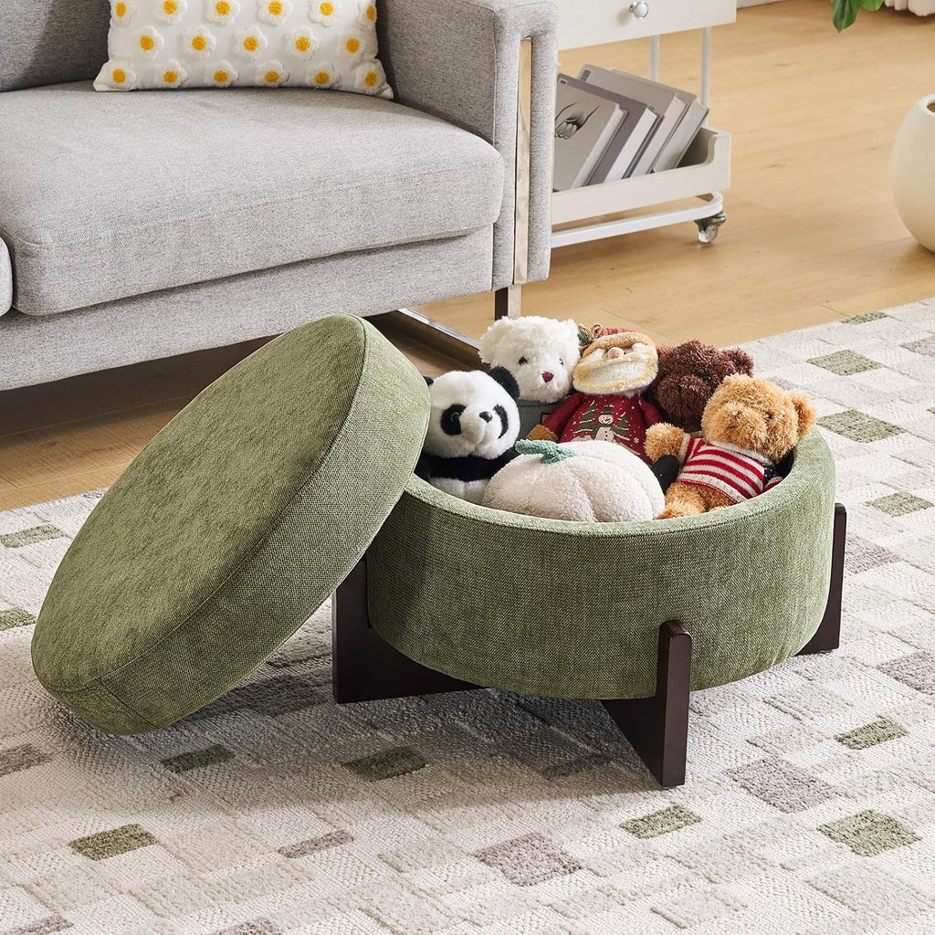 26Inch Round Storage Ottoman, Modern Chenille Upholstered Ottoman with Storage, Ottoman Coffee Table with Removable