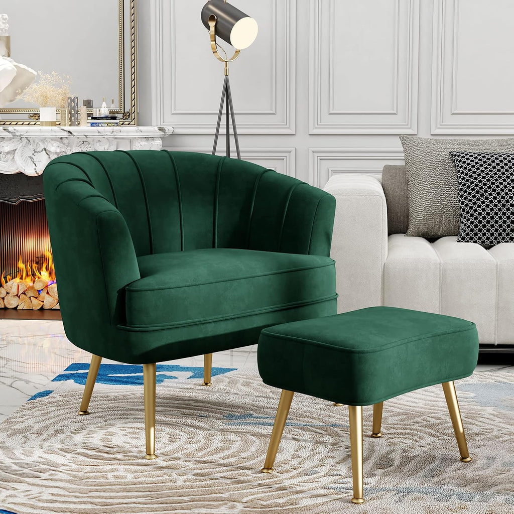 Velvet Accent Chair with Ottoman, Upholstered Modern Single Sofa Side Chair,Comfy Barrel Club Living Room Armchair