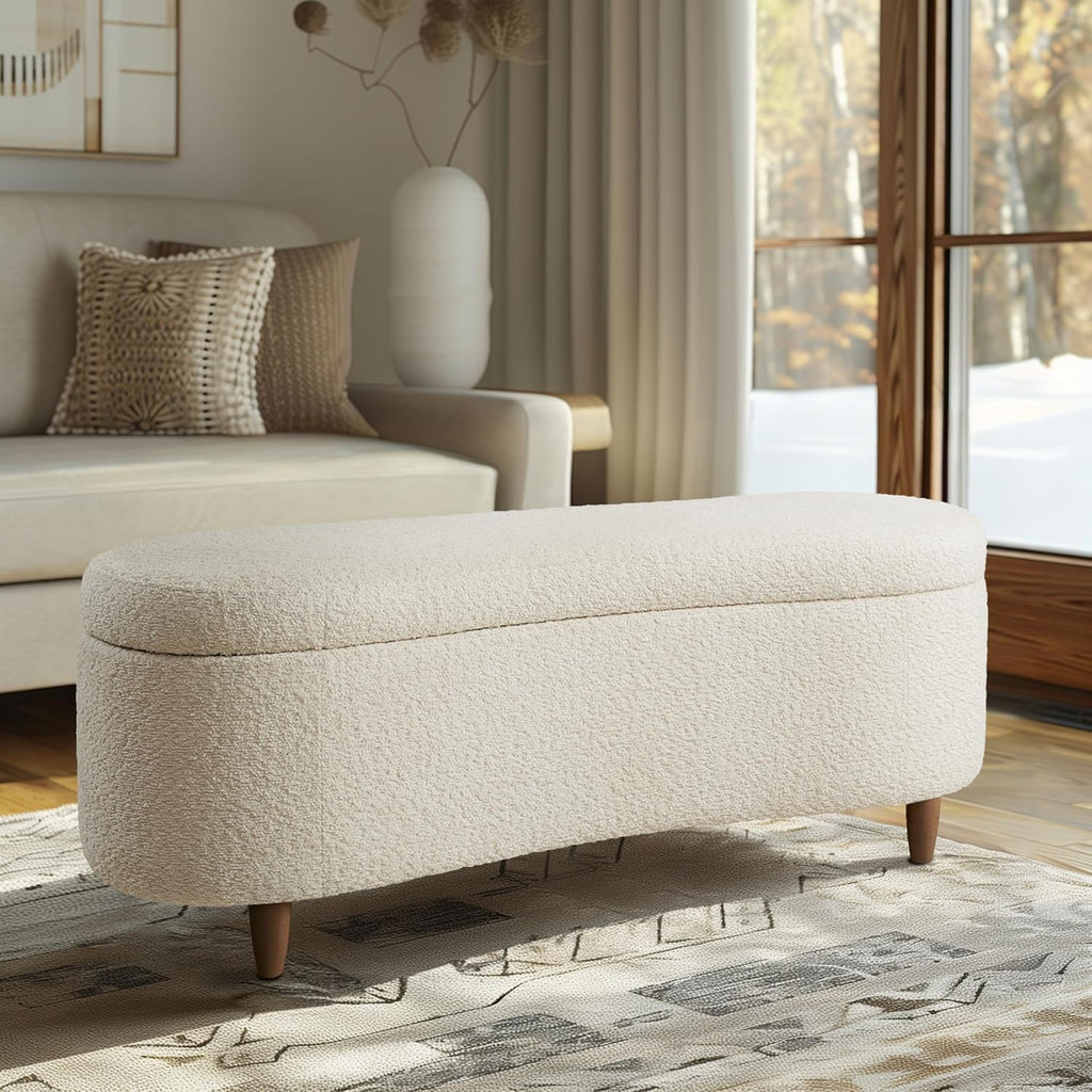 Boucle-Style Curved Storage Accent Bench