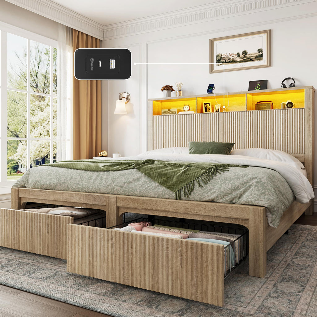 Queen Size Bed Frame with Headboard & 2 Storage Drawers, Wood