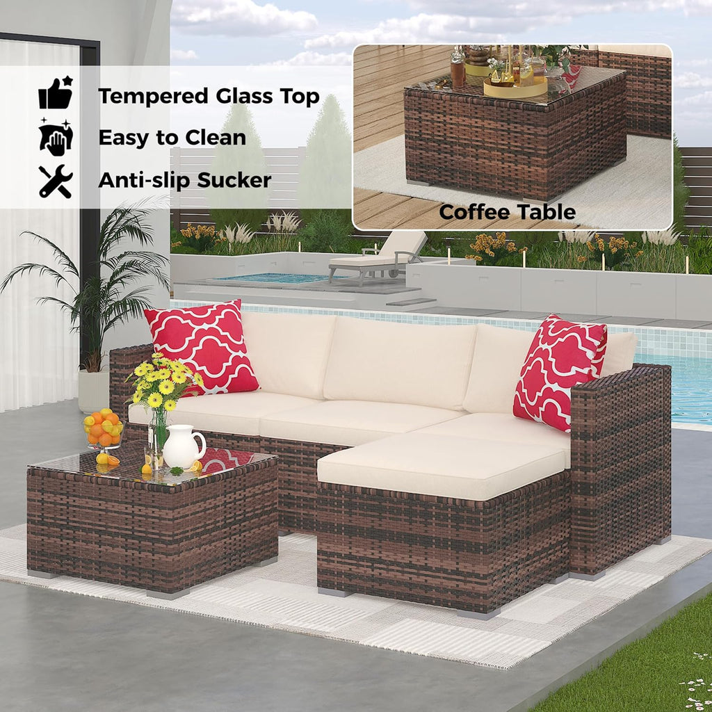 5-Piece L-Shaped Outdoor Patio Furniture Set, PE Wicker Sectional Sofa Set with Cushions and Tempered Glass Table