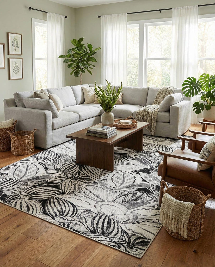 Blossom Rug - 10' x 14' Charcoal Easy-Clean Area Rug - Modern Botanical Design