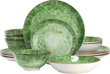 Oceanus 16 Piece Round Shape Porcelain Double Bowl Dinnerware Set, Tableware Set, Table Setting- Service for 4 (Green)