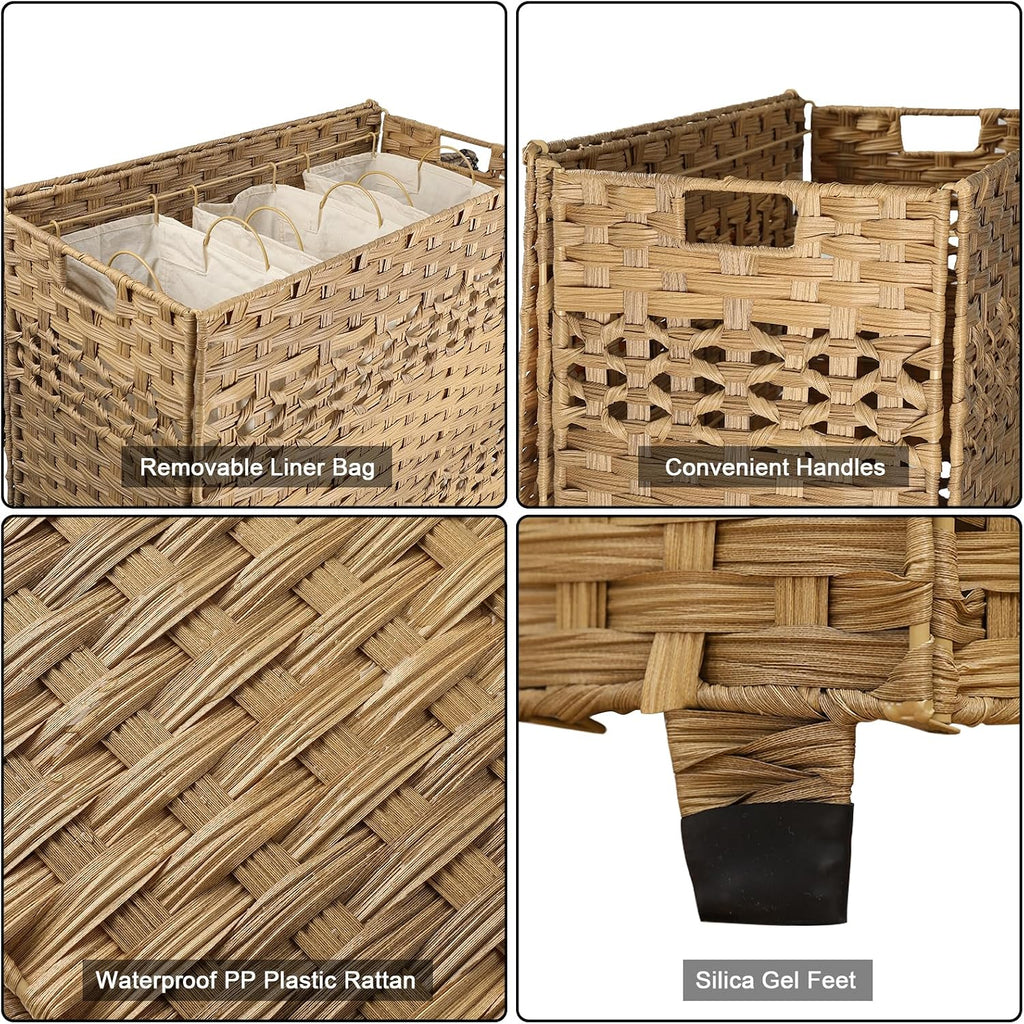 Laundry Hamper with Lid, 140L Clothes Hamper with 3 Removable Liner Bags, Foldable Basket with Lid, Synthetic Wicker