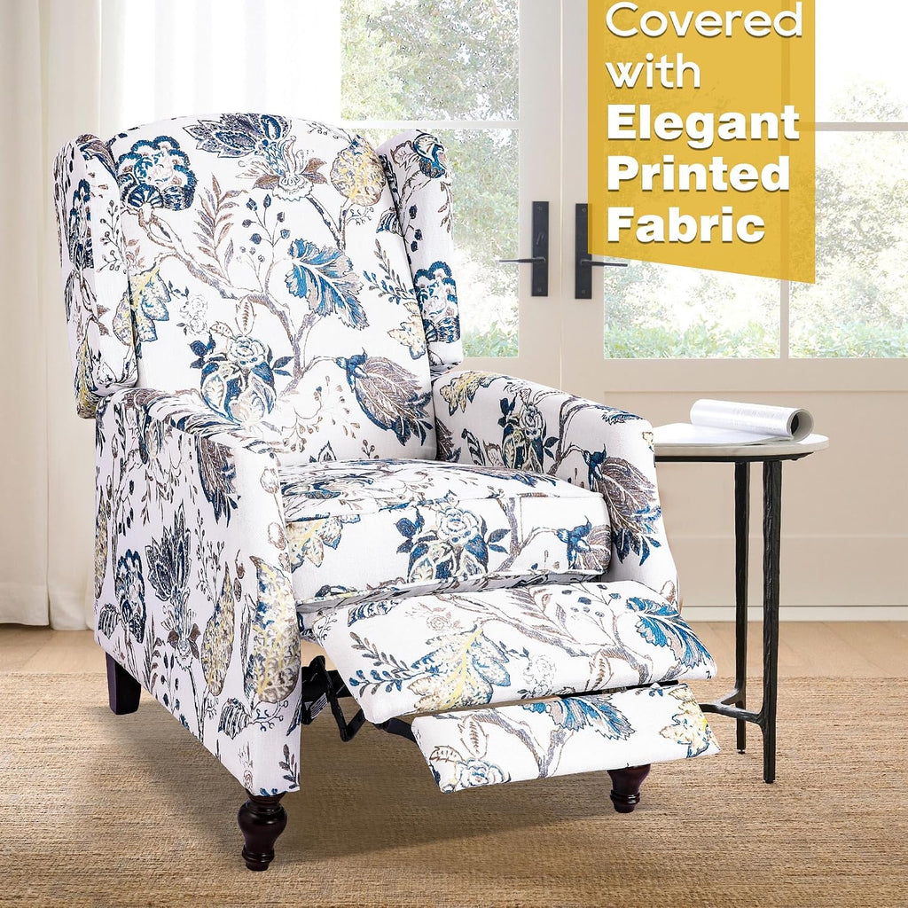 Mid Century Modern Wingback Recliner Chair for Adults, Push Back Upholstered Accent Chair with Floral Fabric, Manual