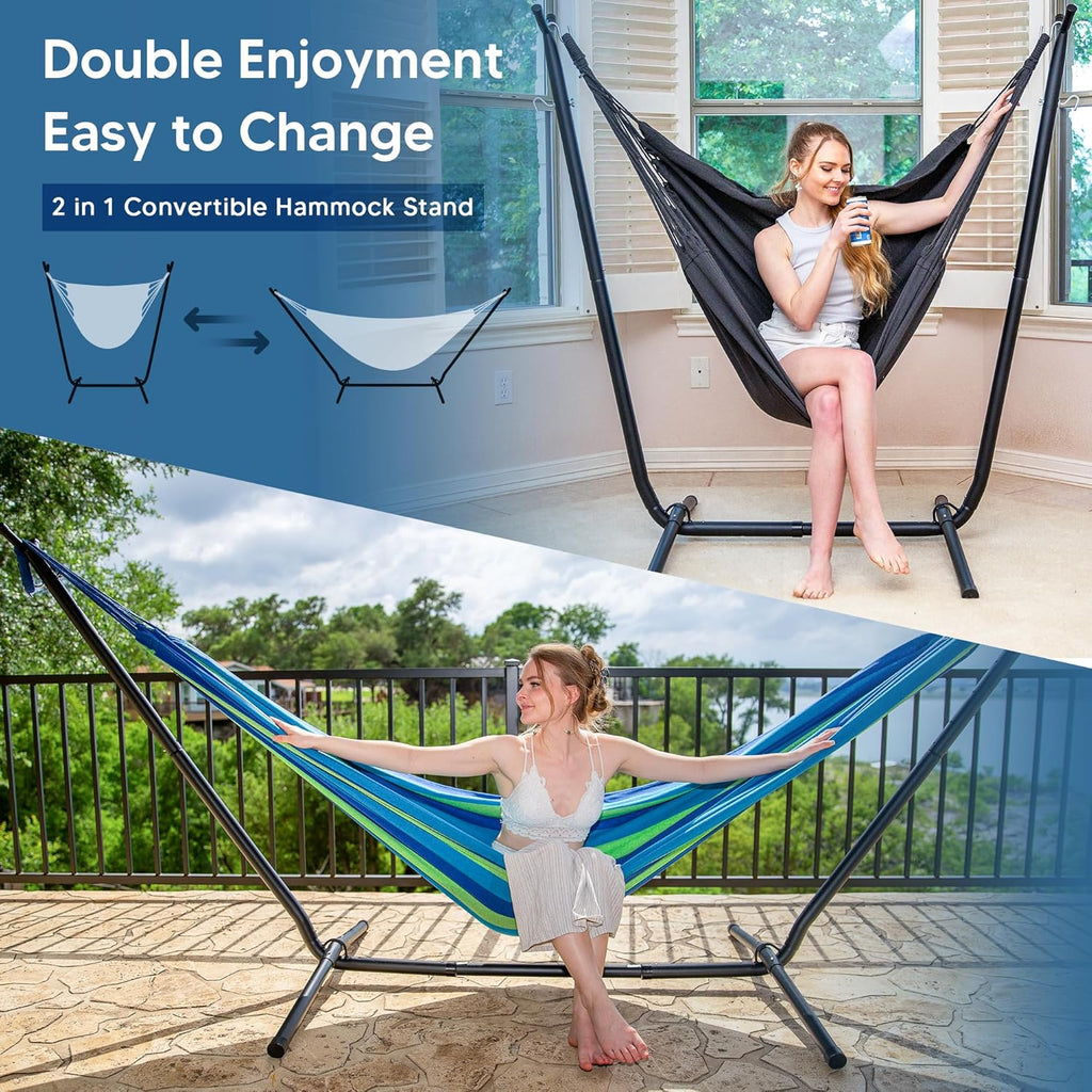 2-in-1 Hammocks Hammock Chair with Stand, Patented, Blue Stripe | 475 lbs Capacity, Heavy Duty Two Person Hammock