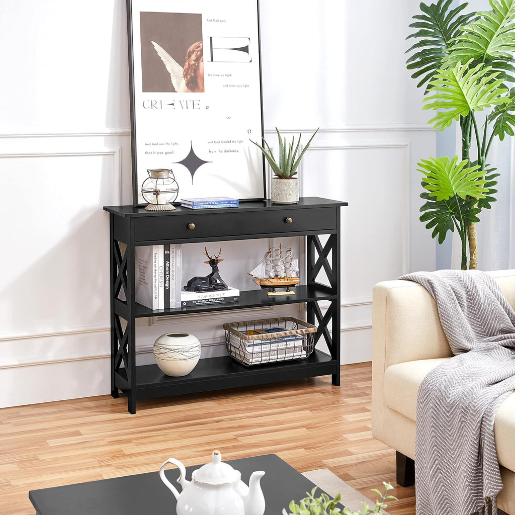 Console Table with Drawer, 39.5 Inch Narrow Sofa Table with Storage Shelves, 3-Tier Wood Entryway Table /Living