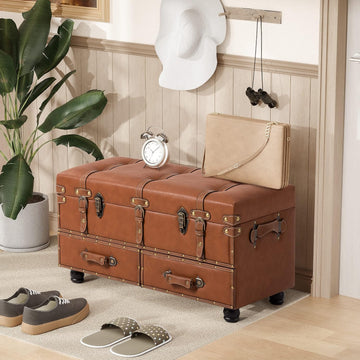 Vintage Treasure Chest Bench with Latch Closure and Buckle Trunk , Farmhouse Faux Leather Storage Ottoman Bench