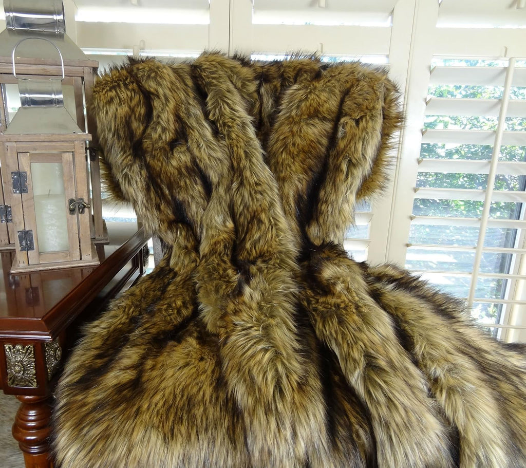 Brown Fur Throw Blanket and Bedspread - Brown Wolf Faux Fur - Light & Dark Brown Faux Fur - Luxury Throw Blanket &