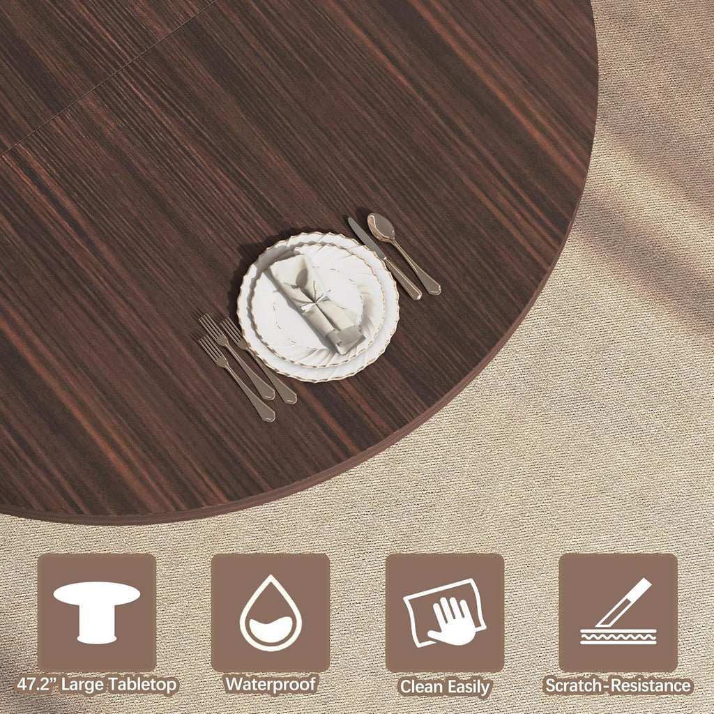 47.2" - 63" Extendable Dining Room Table for 4 - 8, Round‑to‑Oval Expandable Wood Table with Dust‑Proof 2‑Tier