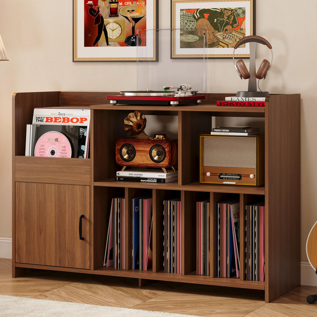 48" Mid-Century Modern Record Player Stand with Door, Walnut