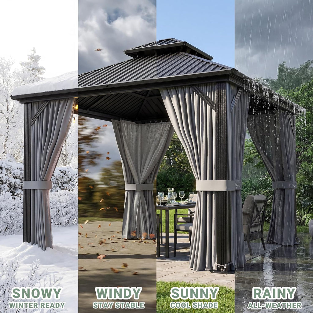 8'x8' Hardtop Aluminum Gazebo with Curtains & Netting Dark Gray | Heavy-Duty Aluminum Frame