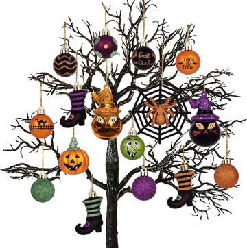 Halloween Ornaments Tree Decorations, Shatterproof Cats Jack-o'-Lantern Pumpkin Vintage Decorative Hanging Ball - Set of 24